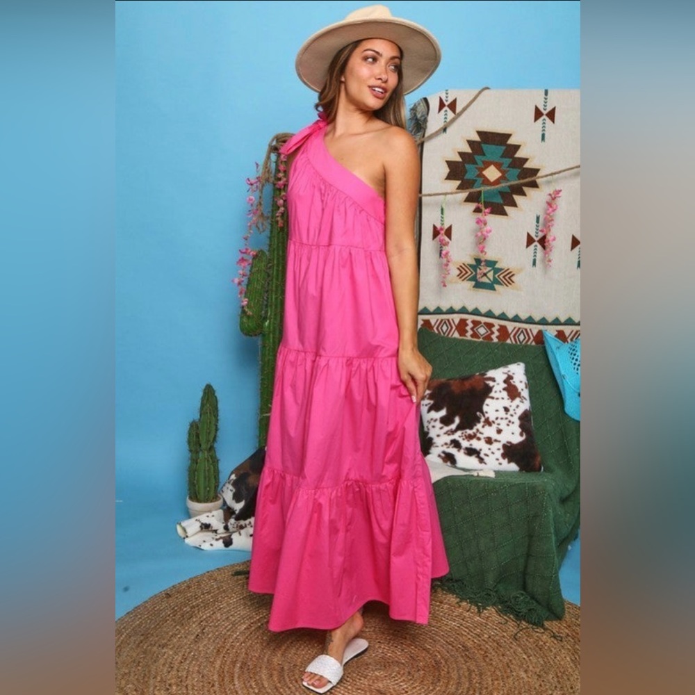 Pink one shoulder maxi dress - Medium (roughly 8-10)